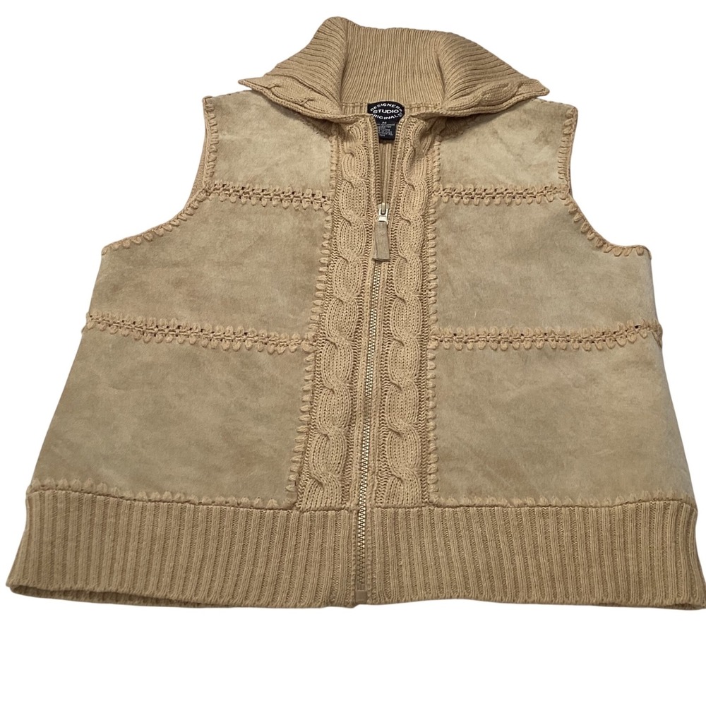 Designers Studio Originals Tan Leather Knit Zip Sweater Vest Mock Neck Medium